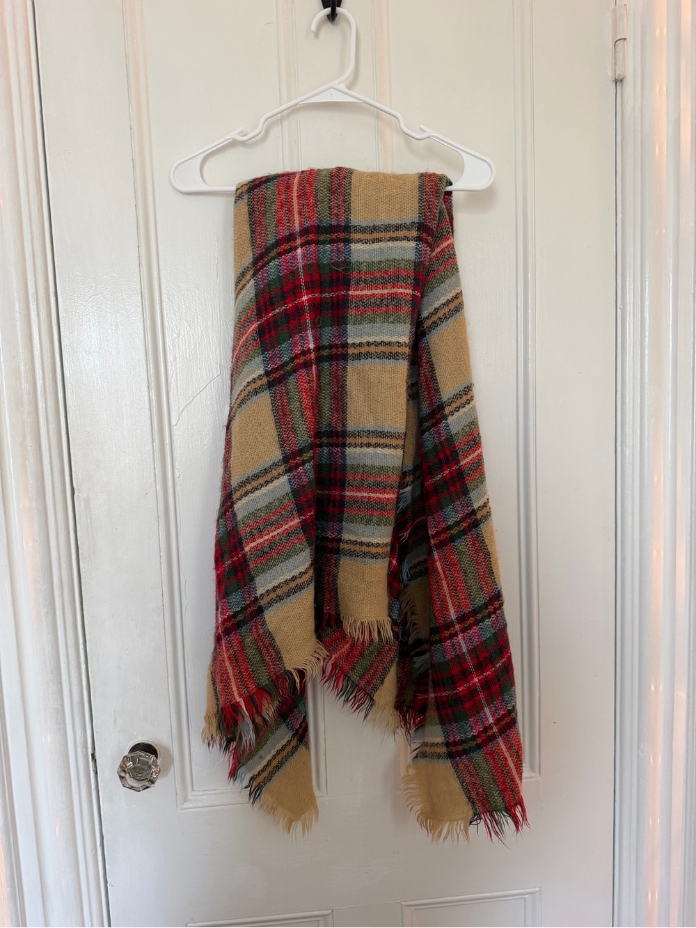 Cozy Plaid Fringe Scarf in Camel & Red